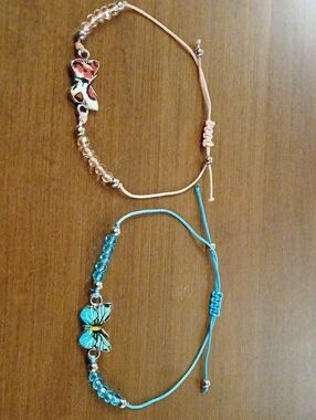 Butterfly Charm Adjustable Beaded Bracelet Set Of 2  - Pink & Turquoise